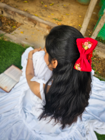 Hand Embroidered Clutcher Bow - Red