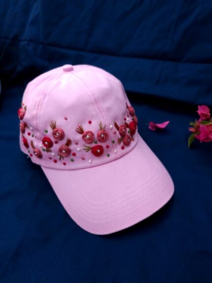Floral Embroidery Cap-Pink