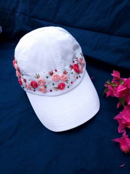 Floral Embroidery Cap- White