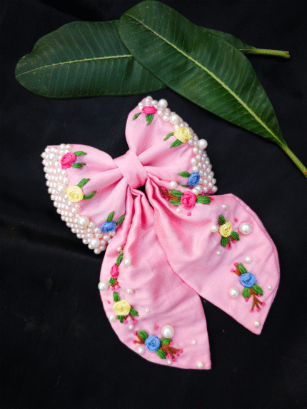 Embroidery Hair Bow Clip- Pink