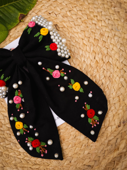Embroidery Hair Bow Clip-Black