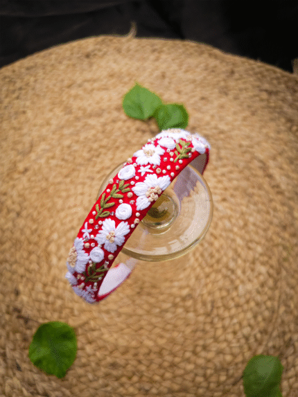 ❤️ “Rangrez” – Hand-Embroidered Red & White Hairband