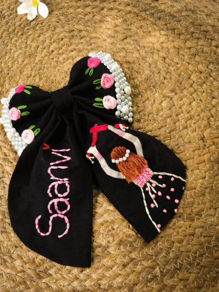 Dandiya Nights Black Pearl Hand-Embroidered Bow – Navratri Special