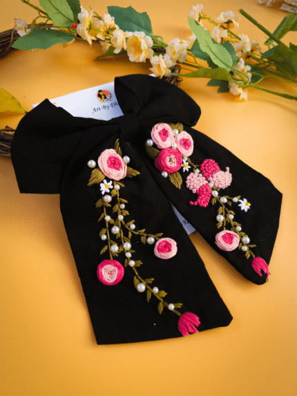 Embroidery Hair Bow Clip- Black
