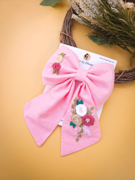 Embroidery Hair Bow Clip-pink long tail