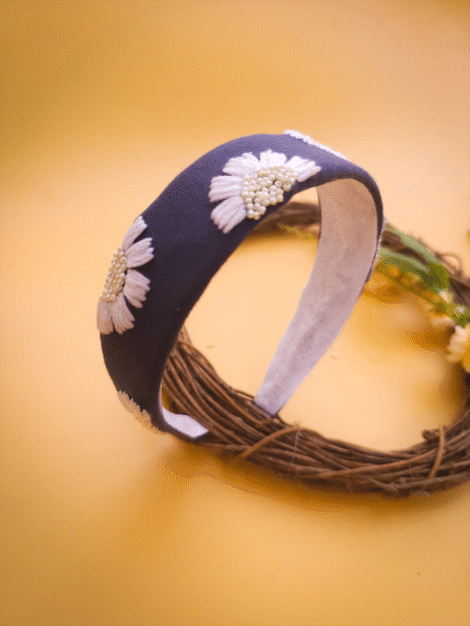 💙 Denim Daisy Crown – Hand-Embroidered Floral Headband