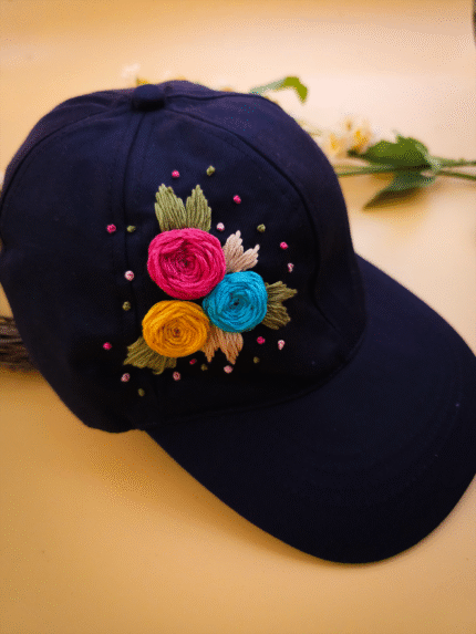 🌹 Rosy Blue Cap – Hand-Embroidered Floral Summer Cap