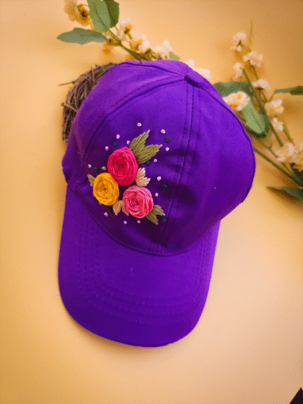 Rosy Purple💜 Cap – Hand-Embroidered Floral Summer Cap