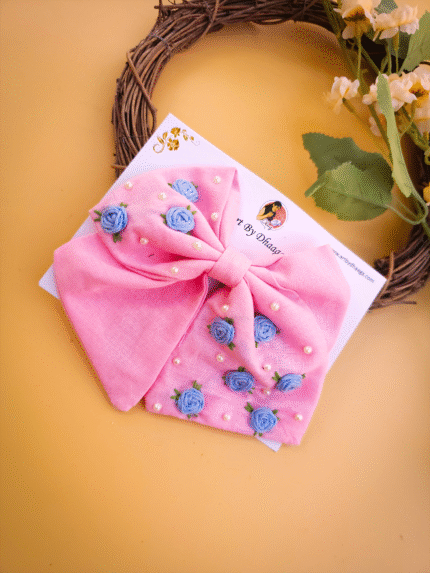 Baby Bloom – (Pink) Hand-Embroidered Floral Baby Bow