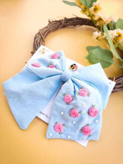 Baby Bloom – Hand-Embroidered Floral Baby Bow (Sky Blue)