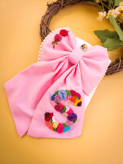 Initial Bow – Hand-Embroidered Rose Name Bow