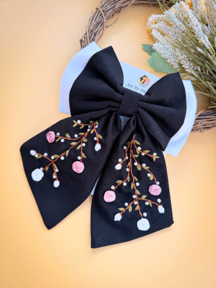 Aaradhya-Black🖤 – Hand-Embroidered Floral Tail Bow