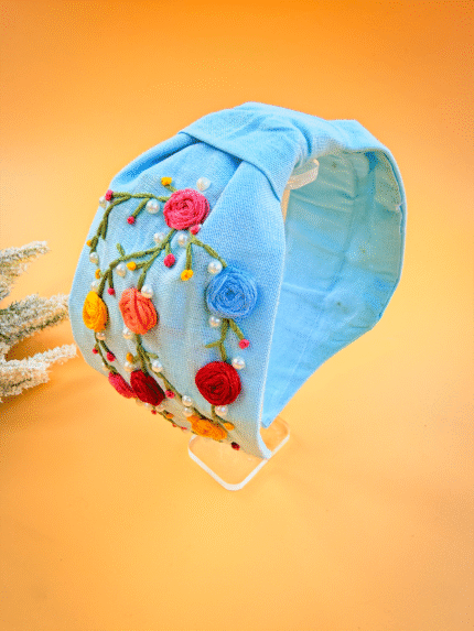 🌸 Flora – Sky Blue | Hand-Embroidered Broad Floral Headband