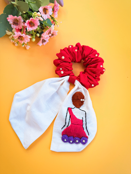 🎀 Ana – Hand-Embroidered Doll Scrunchie