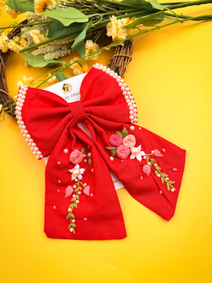 Gulistan❤️ – Pearl & Floral Embroidered Tail Bow