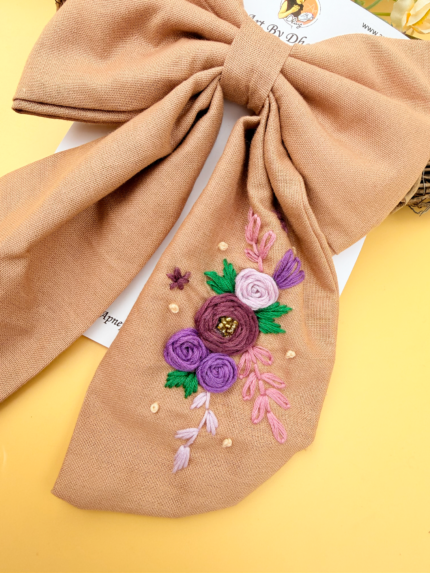 Mocha – Hand-Embroidered Floral Tail Hair Bow