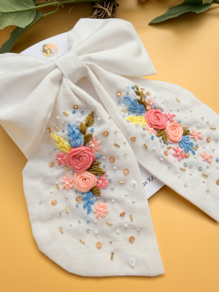 Gazal – Hand-Embroidered White Statement Hair Bow