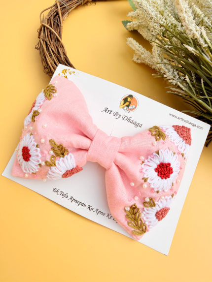 Aayra🌸 – Hand-Embroidered Pink Floral Hair Bow