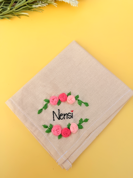 Ivory Rose Wreath – Hand-Embroidered Hankey