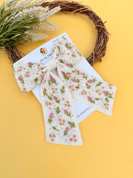 Vasundhara 🌿 – Hand-Embroidered Floral Tail Bow