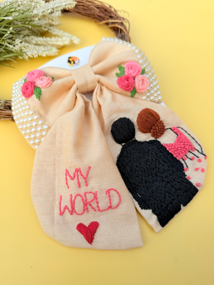 My World 🤍 – Hand-Embroidered Love Tail Bow